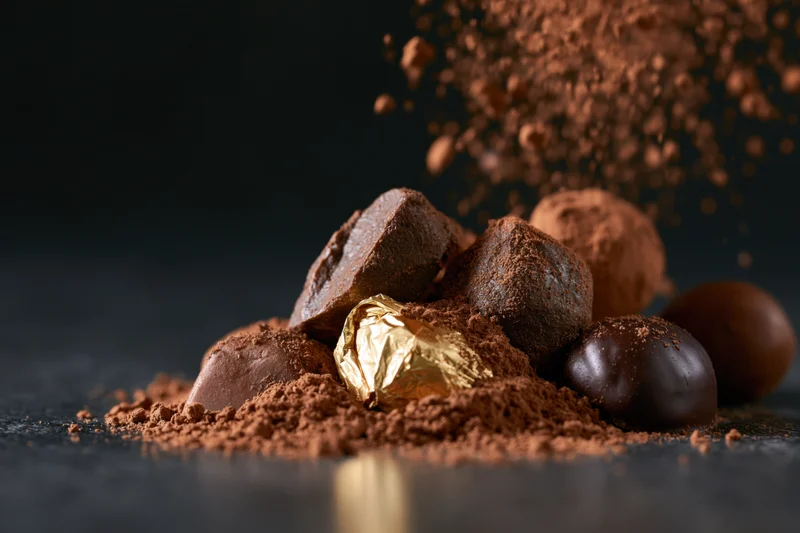 Cocoa powder cascading onto a pile of assorted chocolates and truffles on dark surface