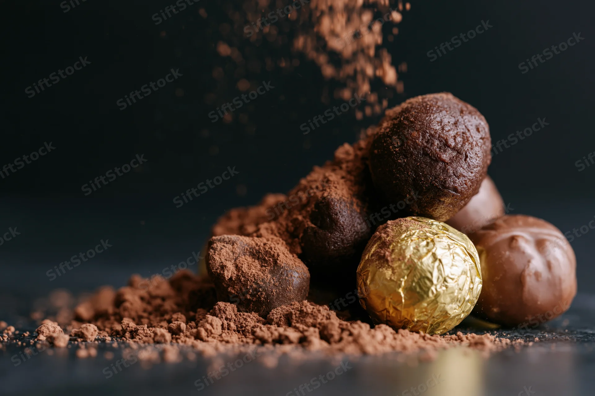 Cocoa powder cascading onto a pile of assorted chocolate truffles on a dark surface