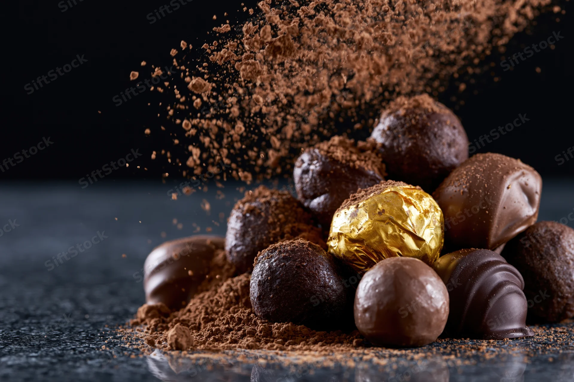 Cocoa powder cascading onto a pile of assorted chocolate truffles on a dark reflective surface