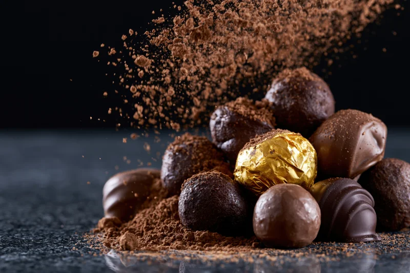 Cocoa powder cascading onto a pile of assorted chocolate truffles on a dark reflective surface