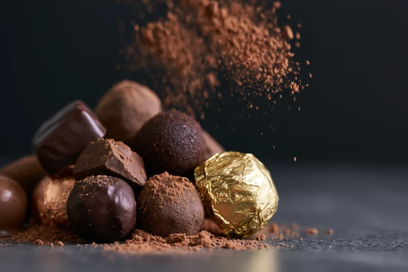 Cocoa powder cascading onto a pile of assorted chocolates on dark surface