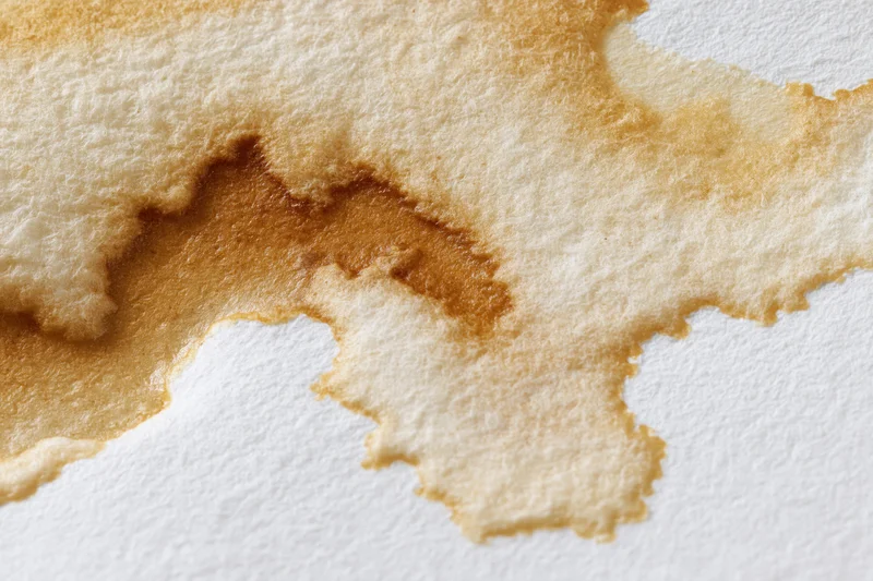 Coffee or tea liquid stain spread across white watercolor paper