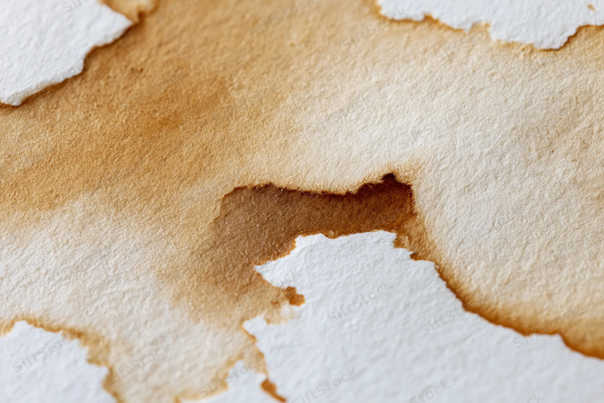 Coffee or tea liquid stain spread across white watercolor paper surface