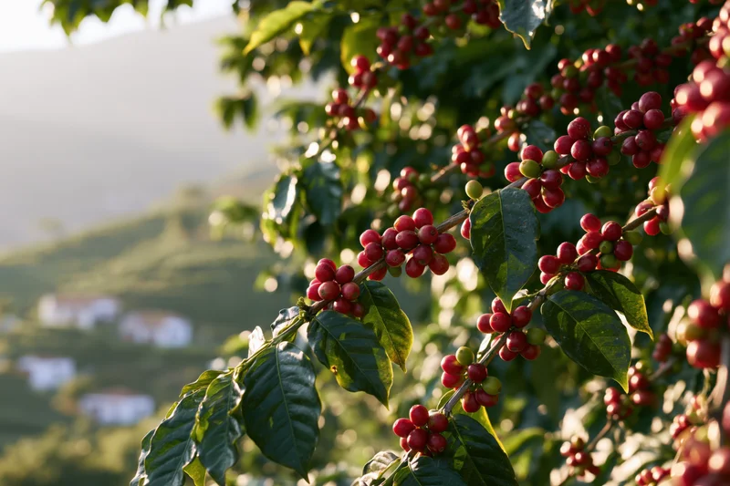Coffee plant branches heavy with ripe and unripe cherries in a sunlit rural landscape