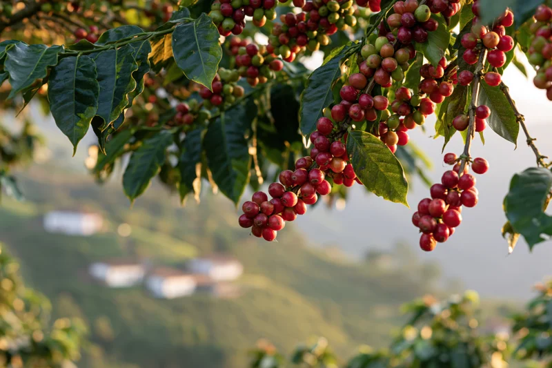 Coffee plant branches heavy with ripe and unripe cherries over a hilly rural landscape