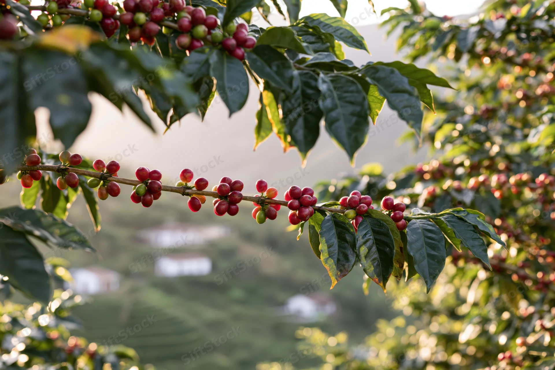 Coffee plant branch with ripe and unripe cherries in a rural farm setting