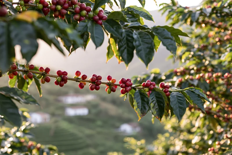 Coffee plant branch with ripe and unripe cherries in a rural farm setting