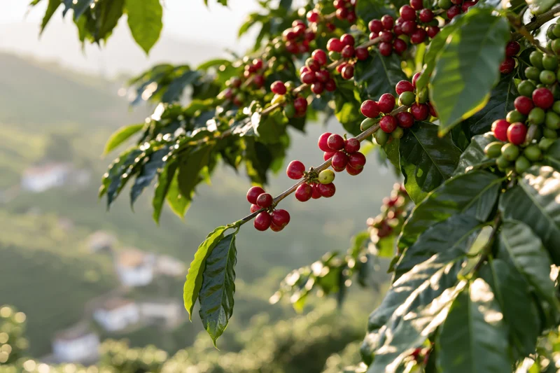 Coffee plant branches with ripe and unripe cherries in a rural landscape