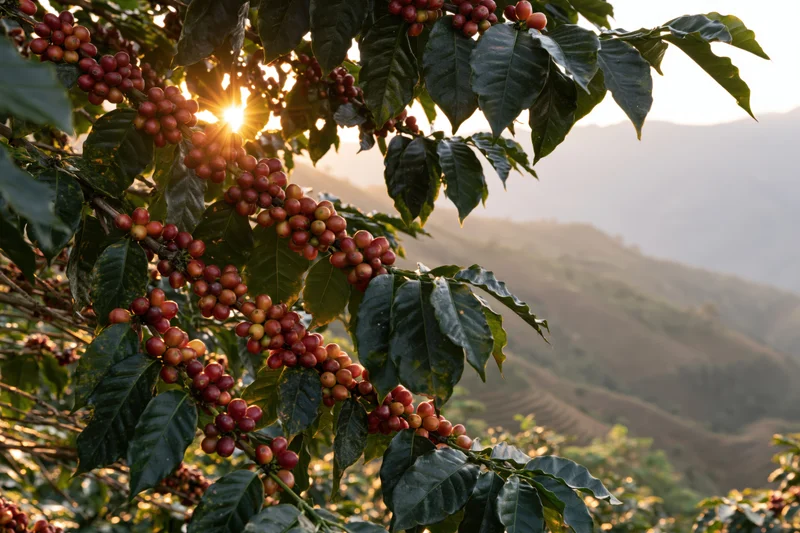 Coffee plant branches heavy with ripe red cherries against terraced hills at sunrise