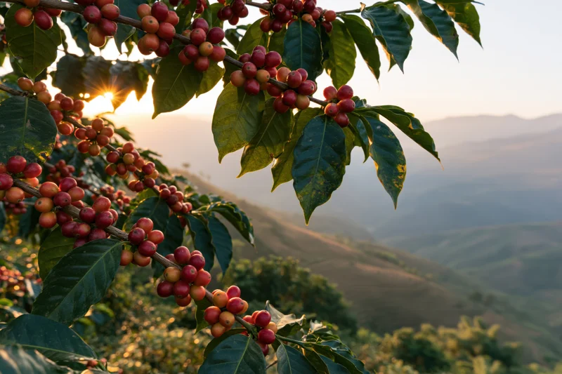 Coffee plant branches heavy with ripe red cherries against a mountainous sunrise landscape