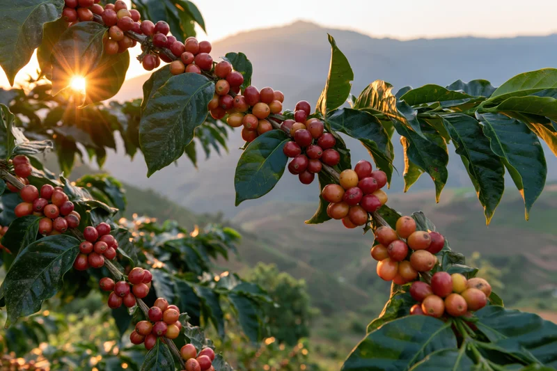 Coffee plant branches heavy with ripe red cherries against a mountainous landscape at sunset