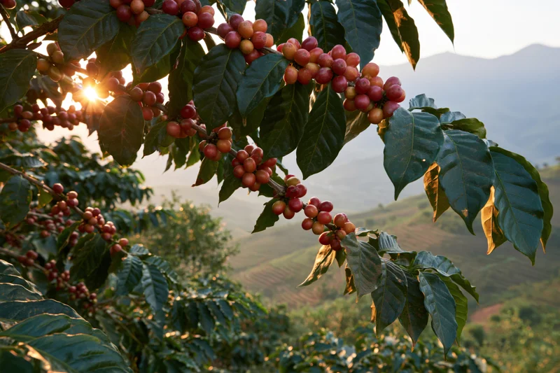 Coffee plant branches heavy with ripe red cherries in a terraced mountain farm at sunrise