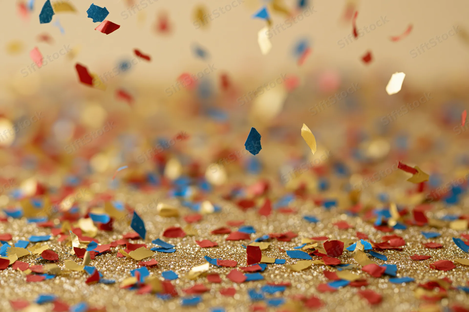 Colorful confetti and metallic foil pieces falling and scattered on a glittery gold surface