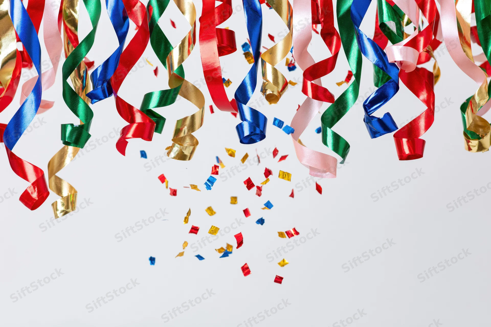 Colorful metallic party streamers and confetti falling against a white background with copyspace