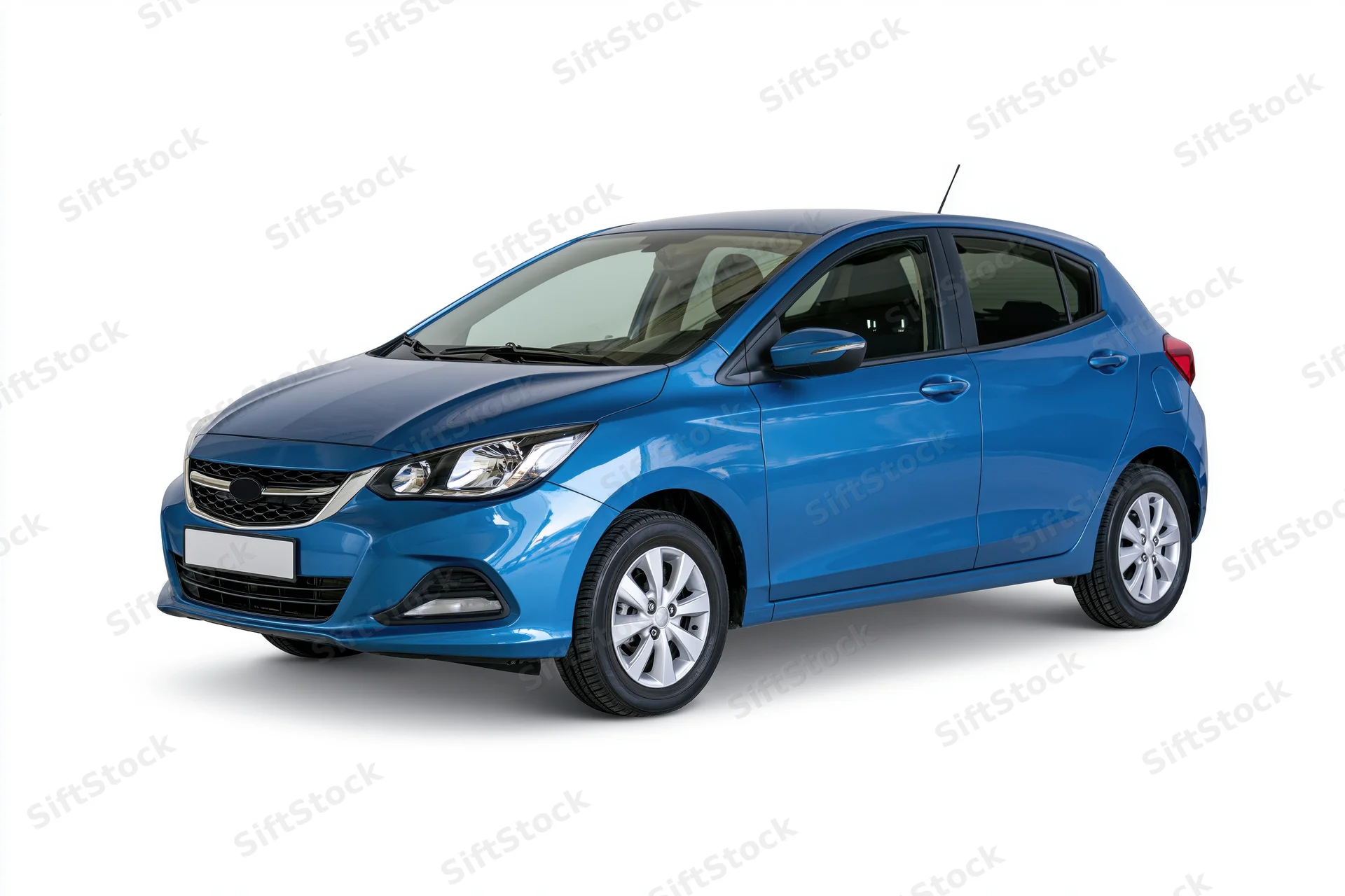 Blue compact hatchback car photographed stationary from front three-quarter view on white background