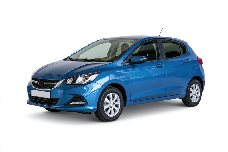Blue compact hatchback car photographed stationary from front three-quarter view on white background