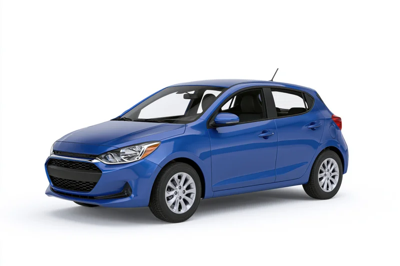 Blue compact hatchback car photographed stationary in studio with copyspace