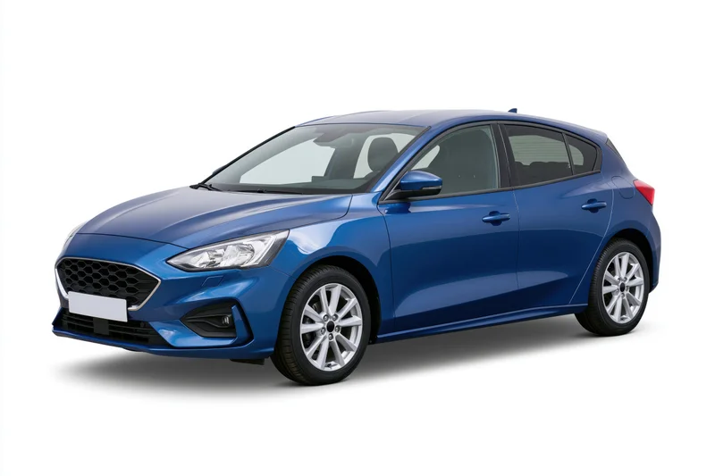 Blue compact hatchback car photographed stationary from front three-quarter view on white background