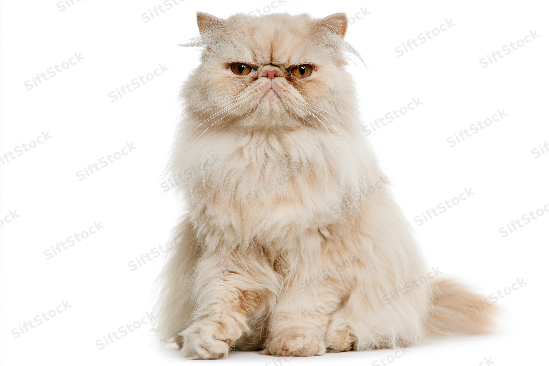 Cream persian cat sitting upright with one front paw slightly forward on white background