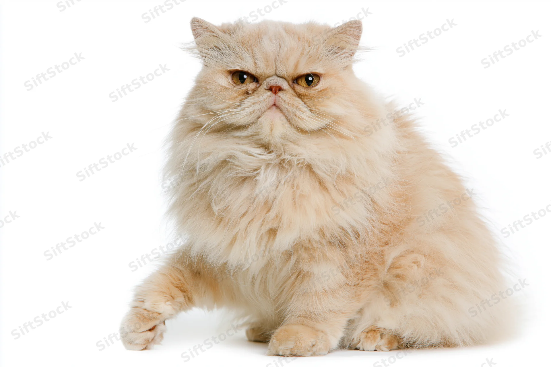 Cream persian cat sitting upright with one front paw extended on white background