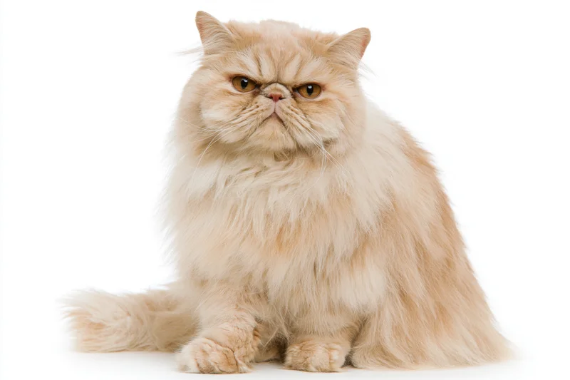 Cream persian cat sitting upright with one front paw slightly forward on white background