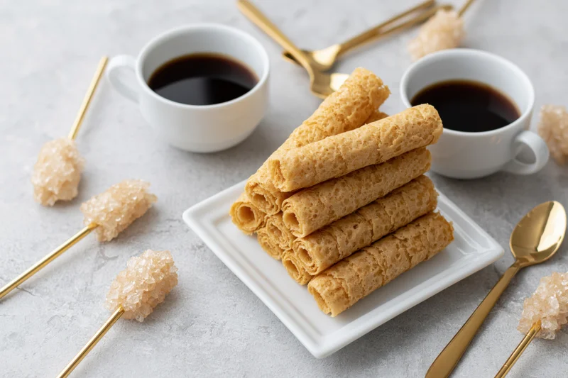 Crispy rolled wafer cookies stacked on a small white square plate with coffee cups and golden spoons nearby