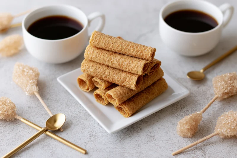 Crispy rolled wafer cookies stacked on a small white square plate with coffee cups and sugar sticks nearby