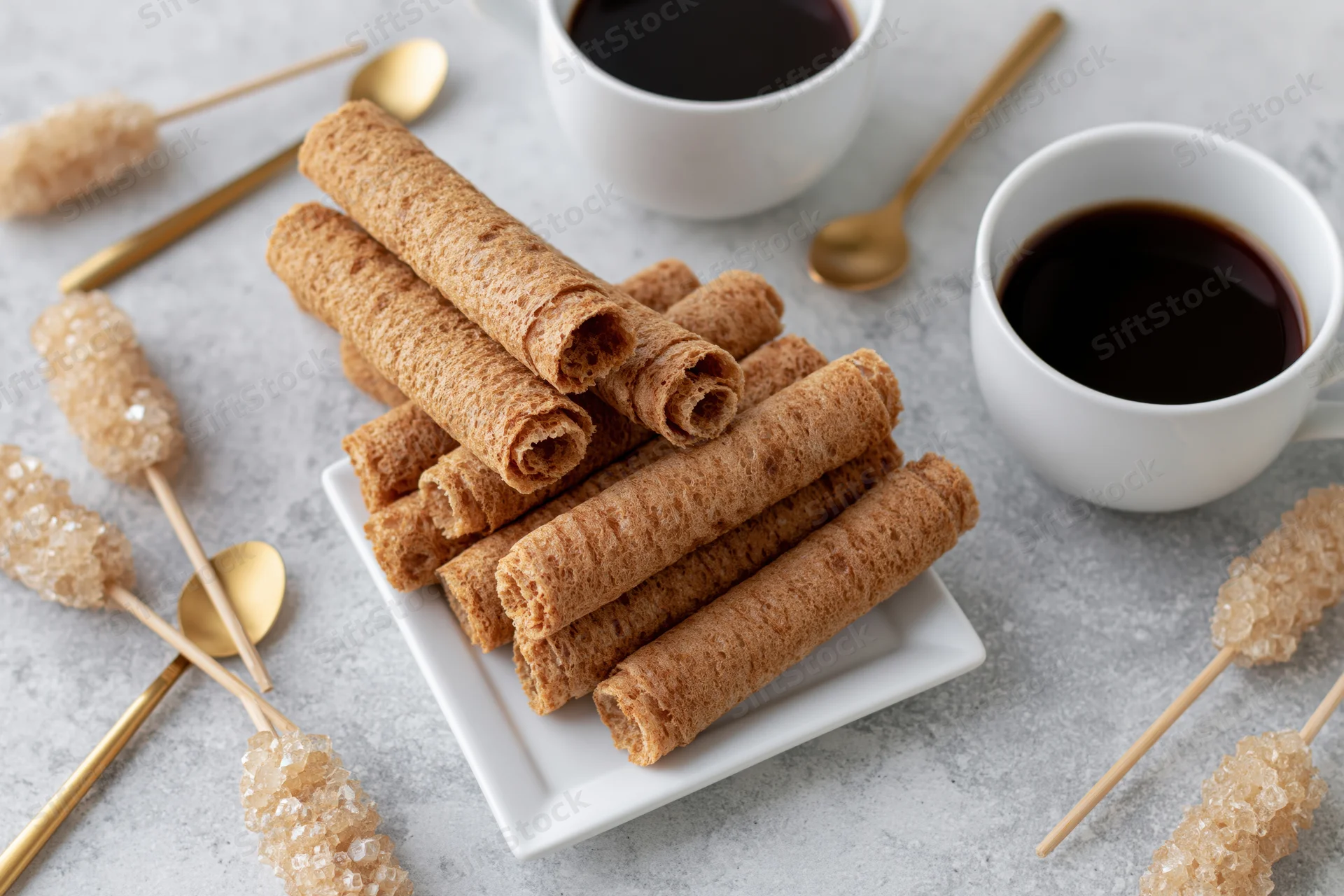 Crispy rolled wafer cookies stacked on a white square plate with coffee cups and sugar sticks on a gray surface