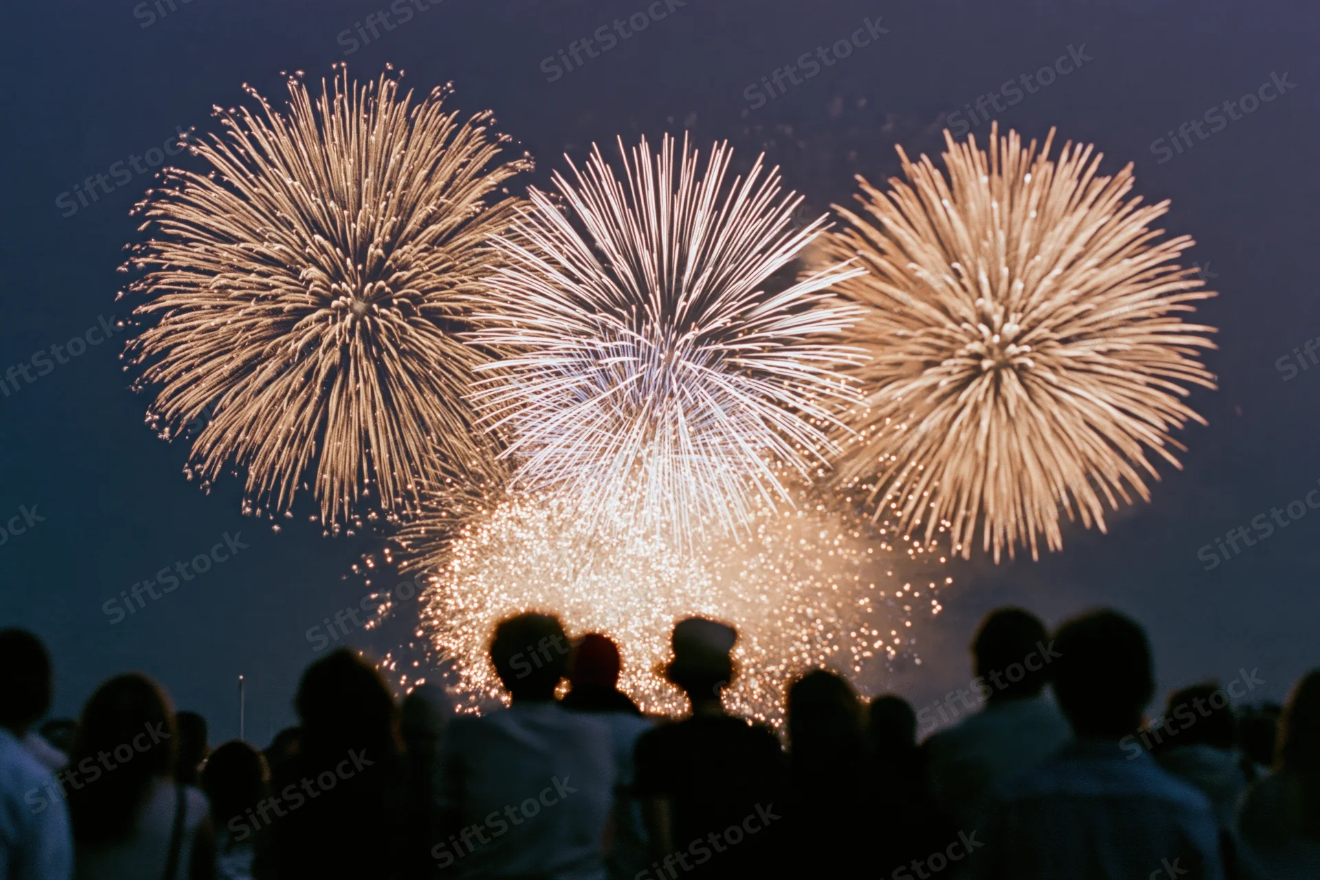 Crowd of people silhouetted from behind watching fireworks in the night sky