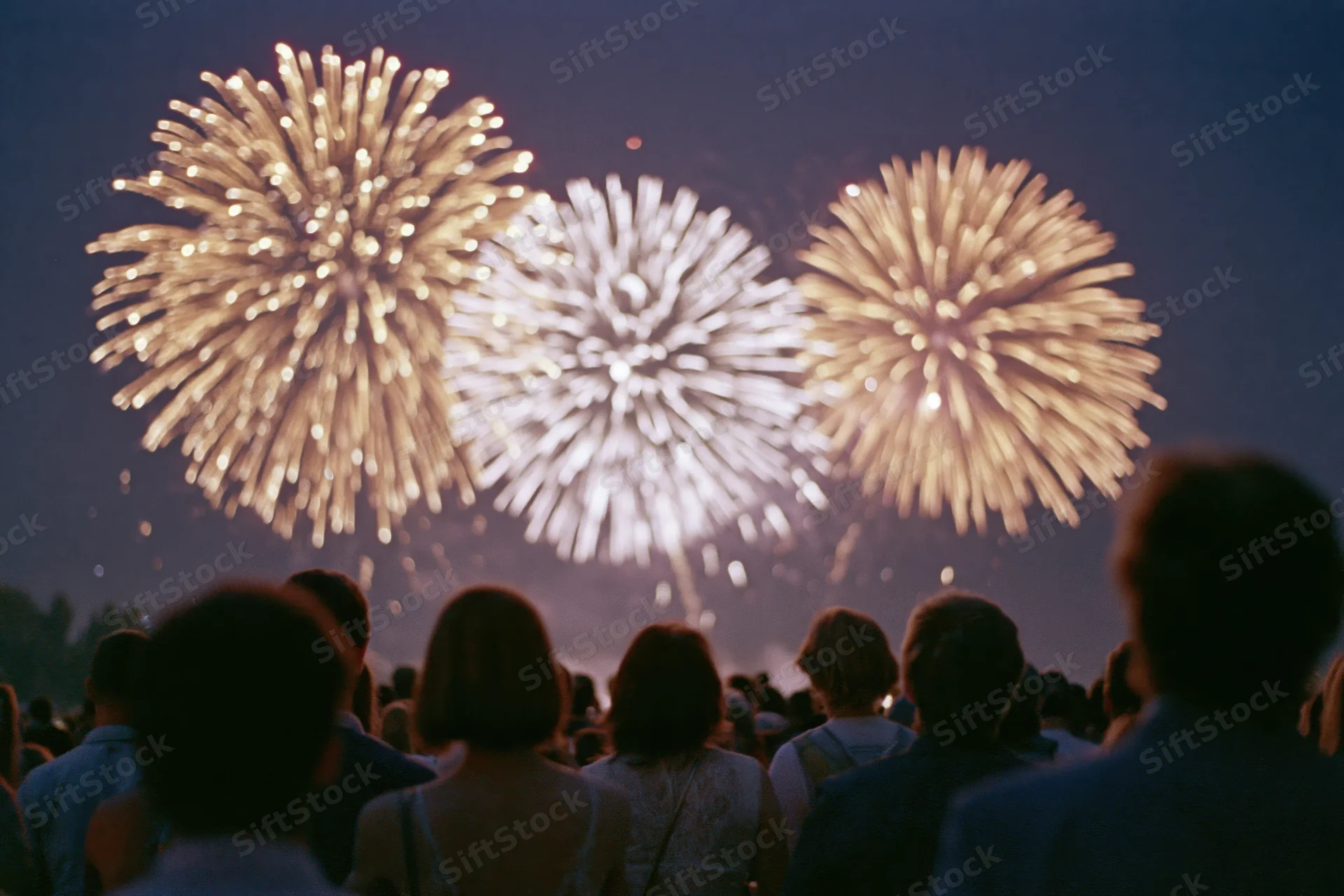 Crowd of people silhouetted from behind watching fireworks in the night sky