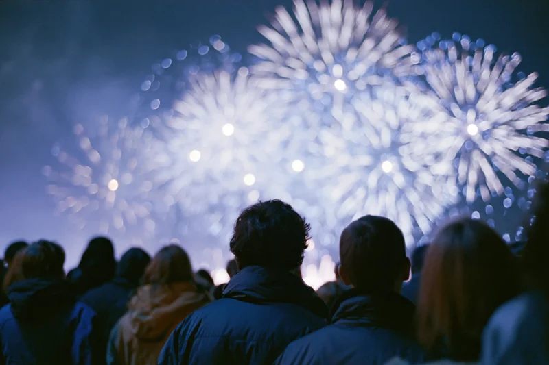 Crowd of people silhouetted from behind watching fireworks in the night sky