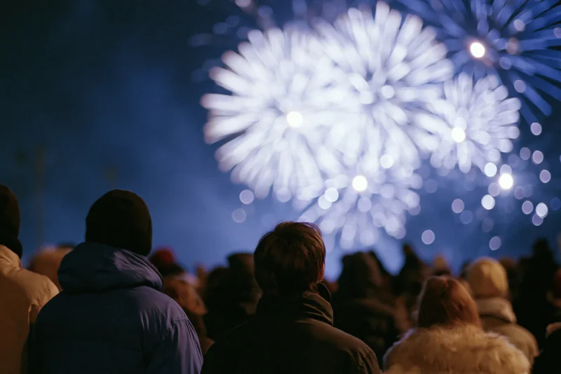 Crowd of people silhouetted from behind watching fireworks in the night sky