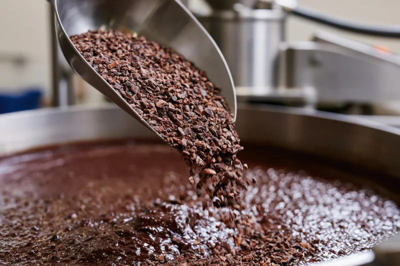Crushed cacao nibs pouring from metal scoop into large chocolate vat in factory setting
