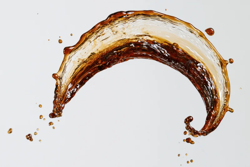 Dark amber liquid mid-splash frozen in motion curving arc against white background