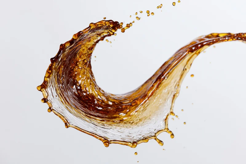 Dark amber liquid mid-splash forming a curved arc against white background
