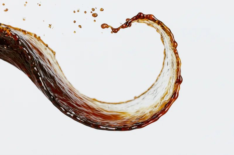 Dark amber liquid in mid-splash forming a curved arc against white background