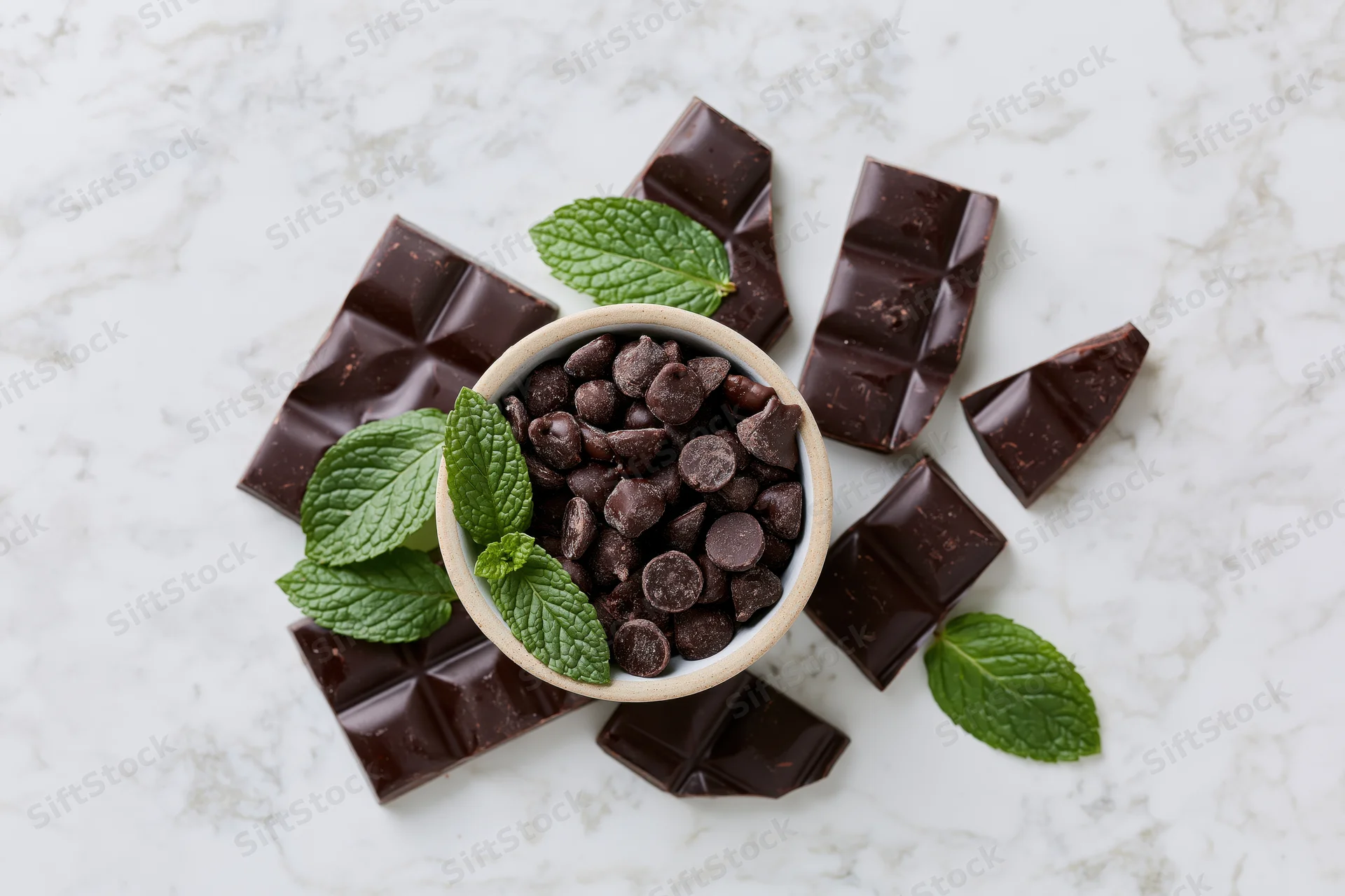 Dark chocolate bar pieces broken and scattered around a bowl of chocolate chips with mint leaves on marble surface