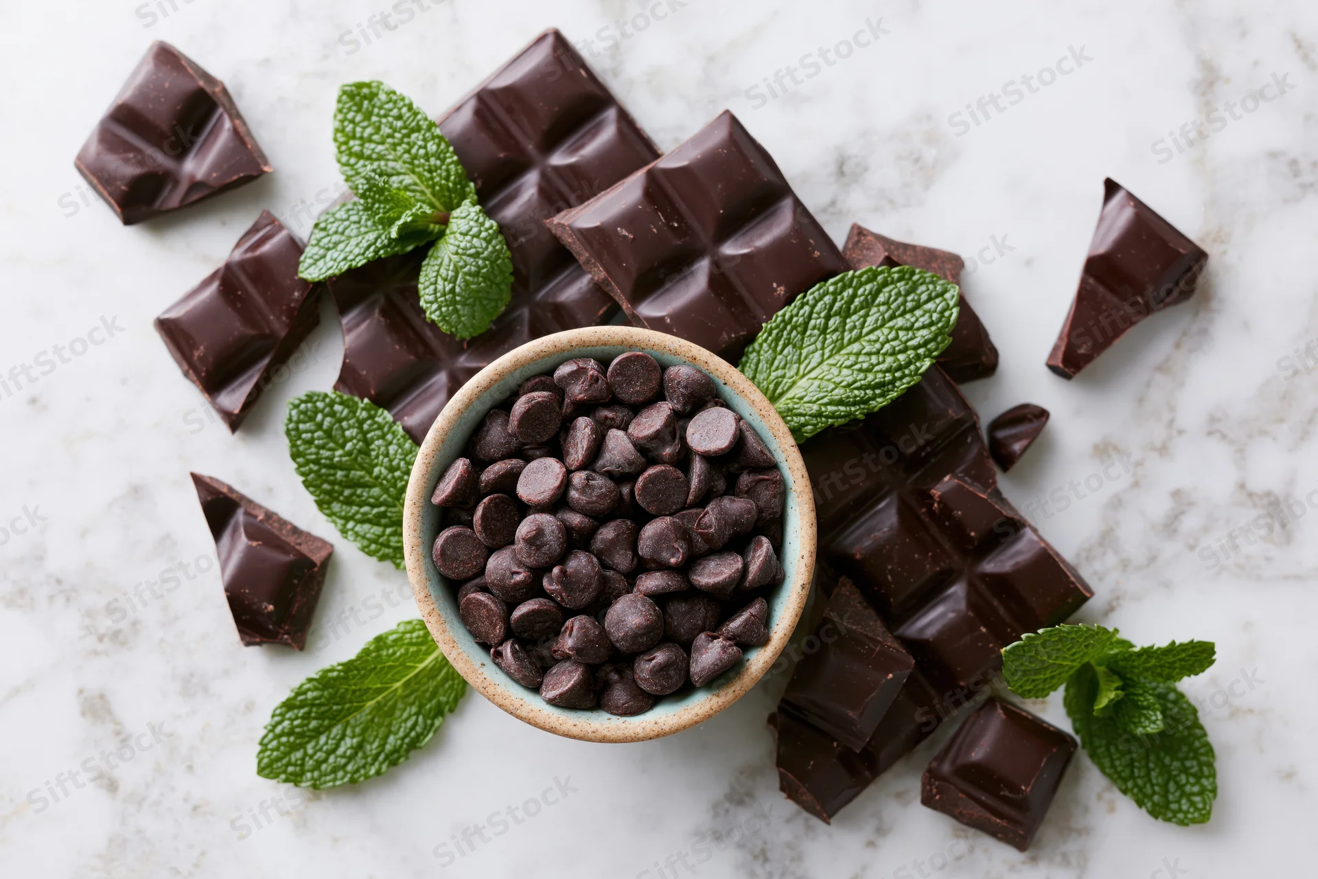 Dark chocolate bar pieces broken and scattered around a bowl of chocolate chips with mint leaves on marble surface