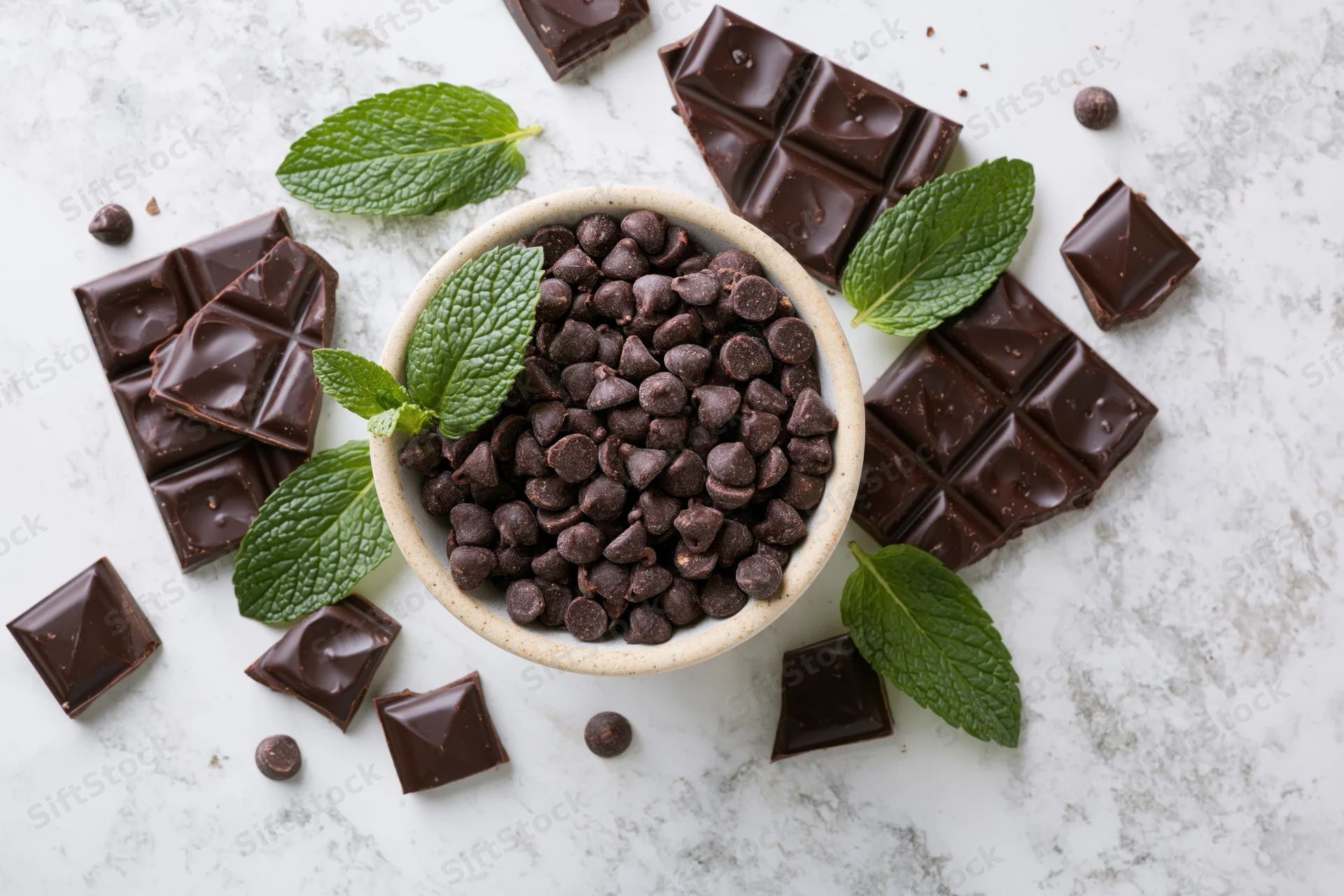 Dark chocolate pieces and mint leaves scattered around a bowl of chocolate chips on marble surface