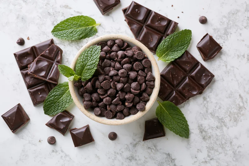 Dark chocolate pieces and mint leaves scattered around a bowl of chocolate chips on marble surface