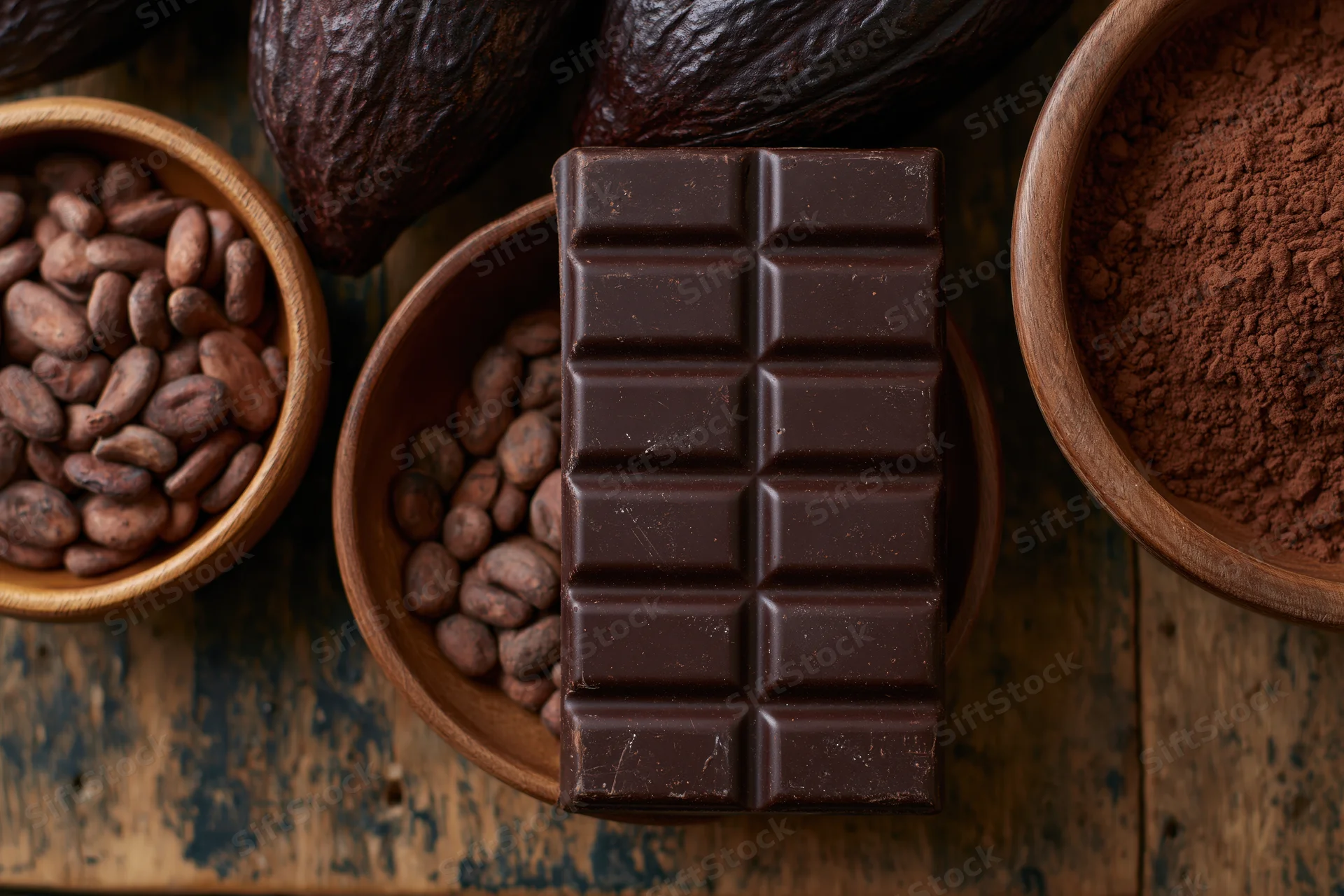 Dark chocolate bar with segmented squares centered on rustic wooden table surrounded by cocoa beans, powder, and pods in wooden bowls