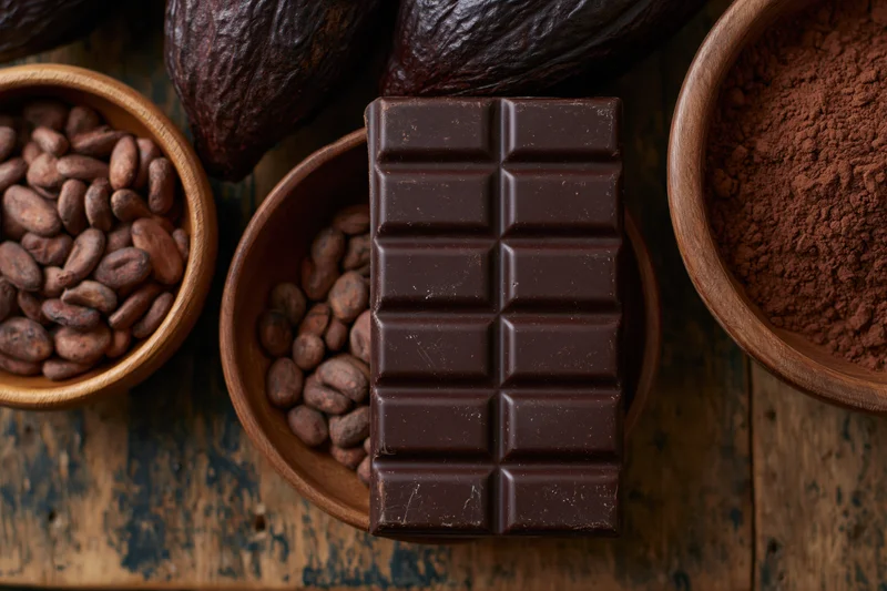 Dark chocolate bar with segmented squares centered on rustic wooden table surrounded by cocoa beans, powder, and pods in wooden bowls