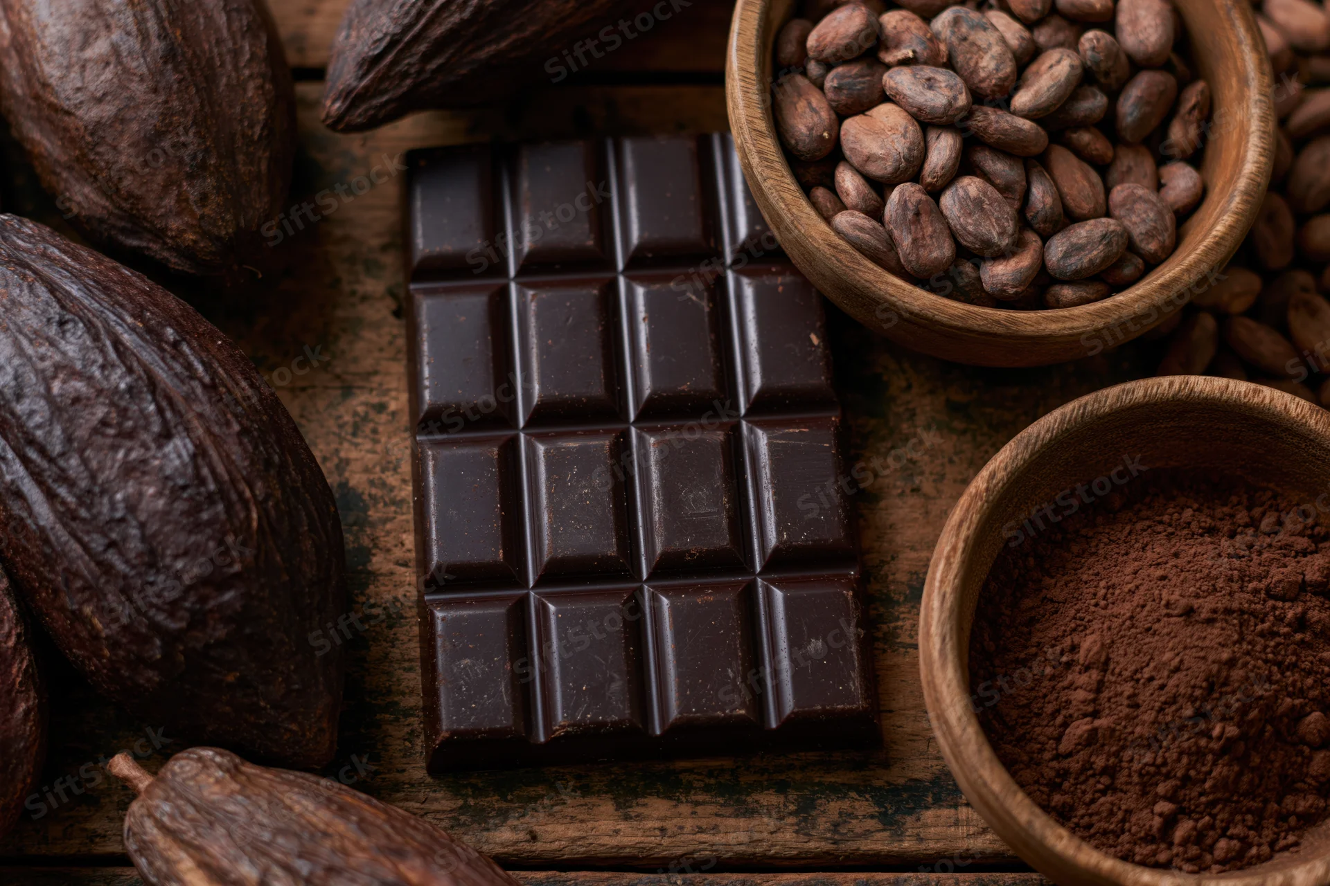 Dark chocolate bar with segmented squares centered on wooden table surrounded by cocoa pods, beans, and powder in wooden bowls