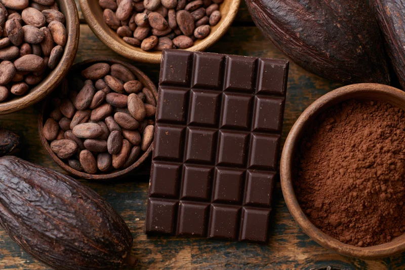 Dark chocolate bar with segmented squares centered among cocoa beans, pods, and powder in wooden bowls on a rustic table
