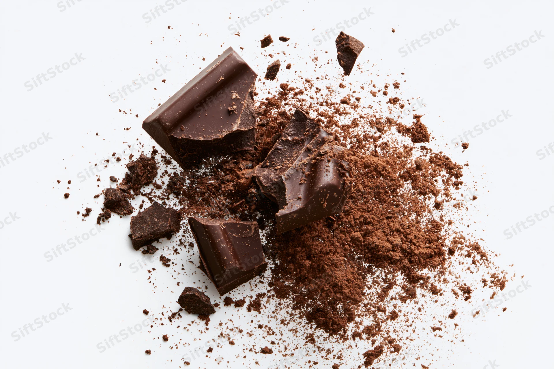 Dark chocolate chunks breaking apart with cocoa powder scattered on white background