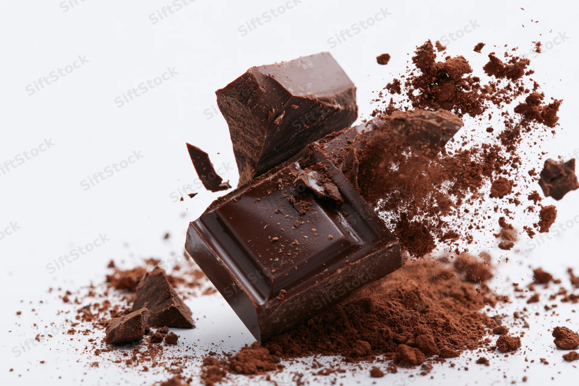 Dark chocolate chunks breaking apart mid-air with cocoa powder flying around on white background