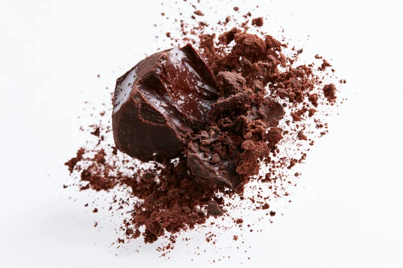 Dark chocolate chunks breaking apart mid-air with cocoa powder scattered around on white background