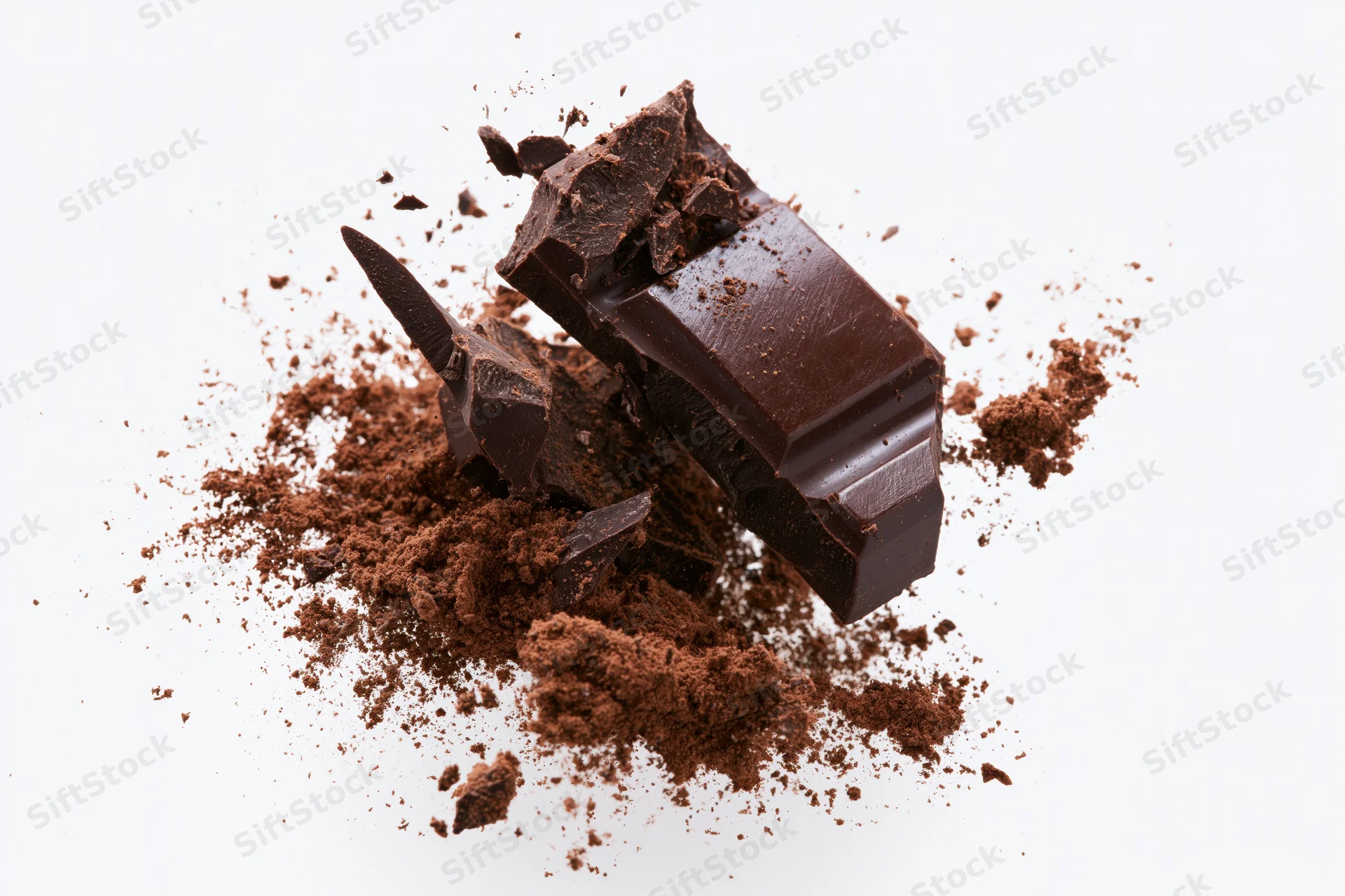 Dark chocolate chunks breaking apart mid-air with cocoa powder scattered on white background