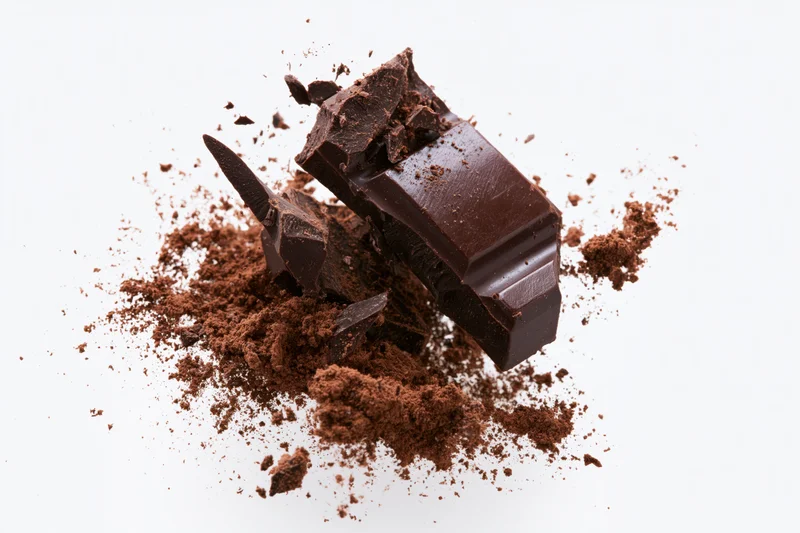 Dark chocolate chunks breaking apart mid-air with cocoa powder scattered on white background