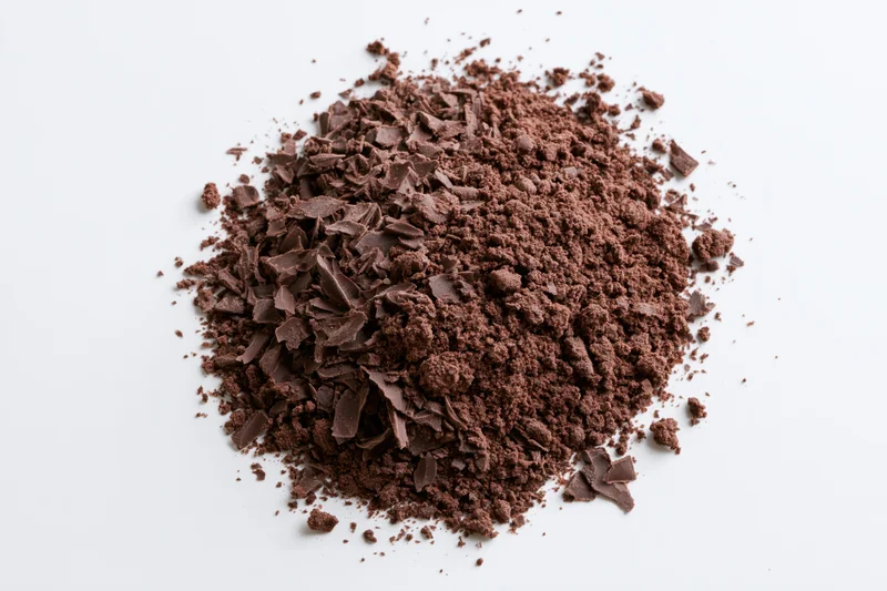 Dark chocolate shavings and coarse crumbles scattered in a pile on a white surface